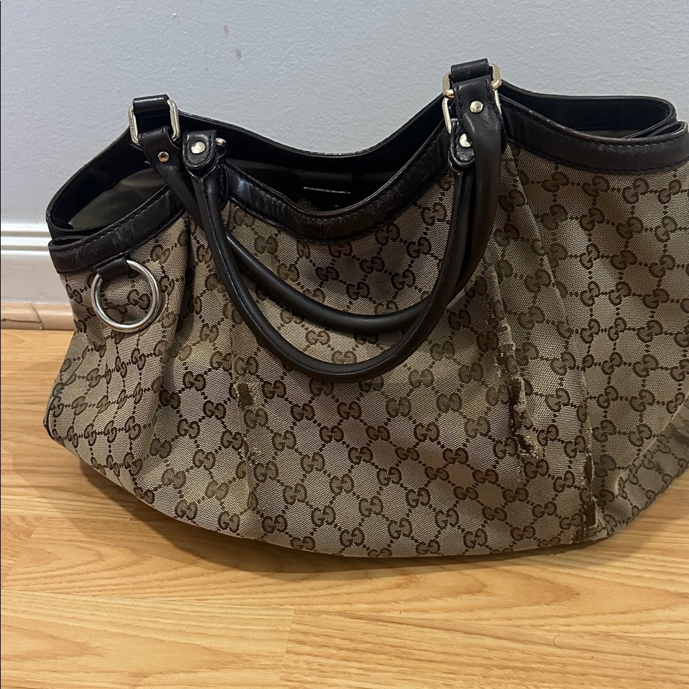 Gucci Beige and Brown Canvas Shoulder Bag